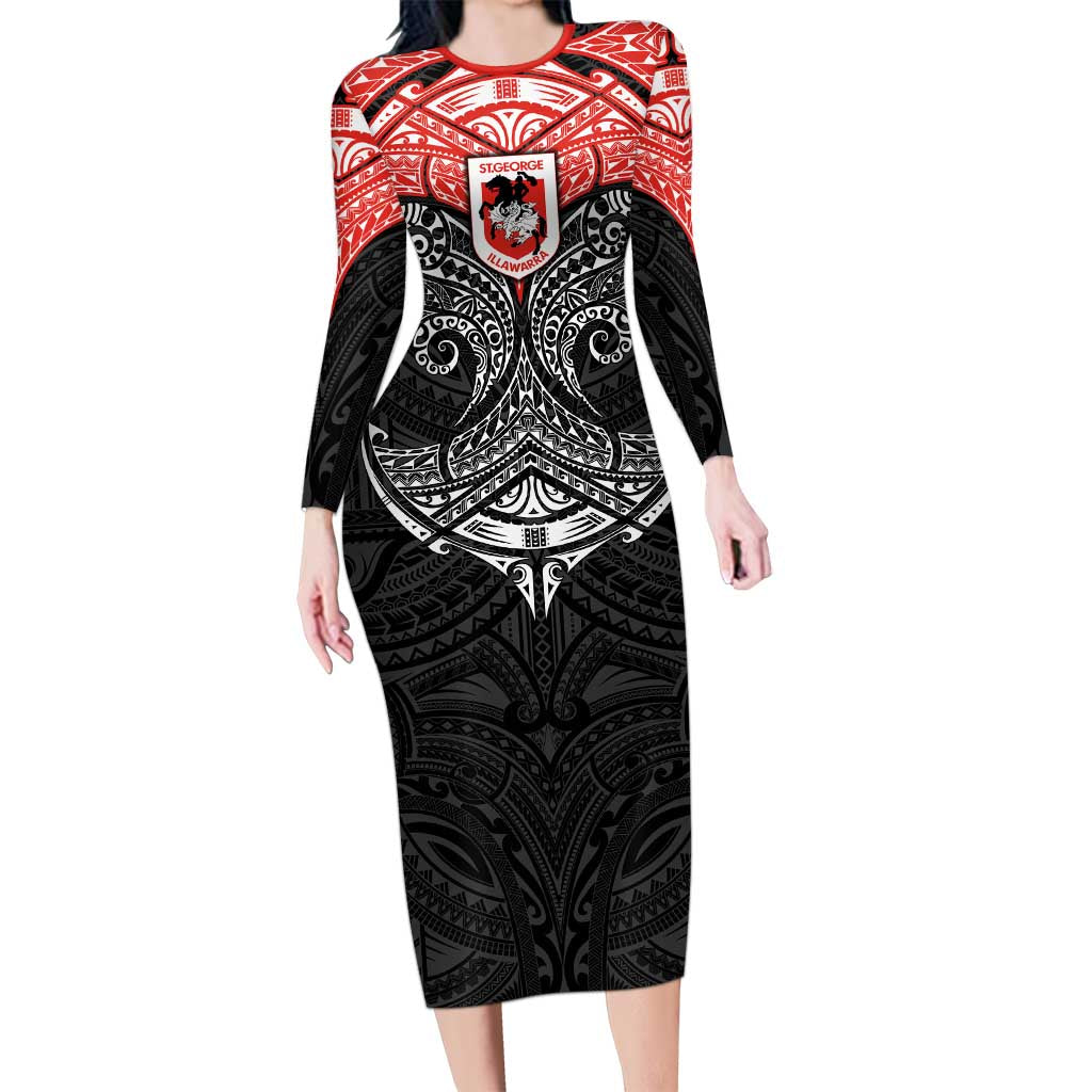 Personalized St. George Illawarra Dragons Long Sleeve Bodycon Dress Polynesian Tribal Pattern Style