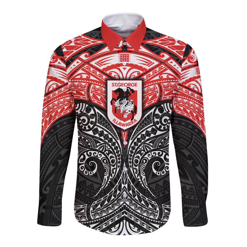 Personalized St. George Illawarra Dragons Long Sleeve Button Shirt Polynesian Tribal Pattern Style