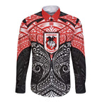 Personalized St. George Illawarra Dragons Long Sleeve Button Shirt Polynesian Tribal Pattern Style