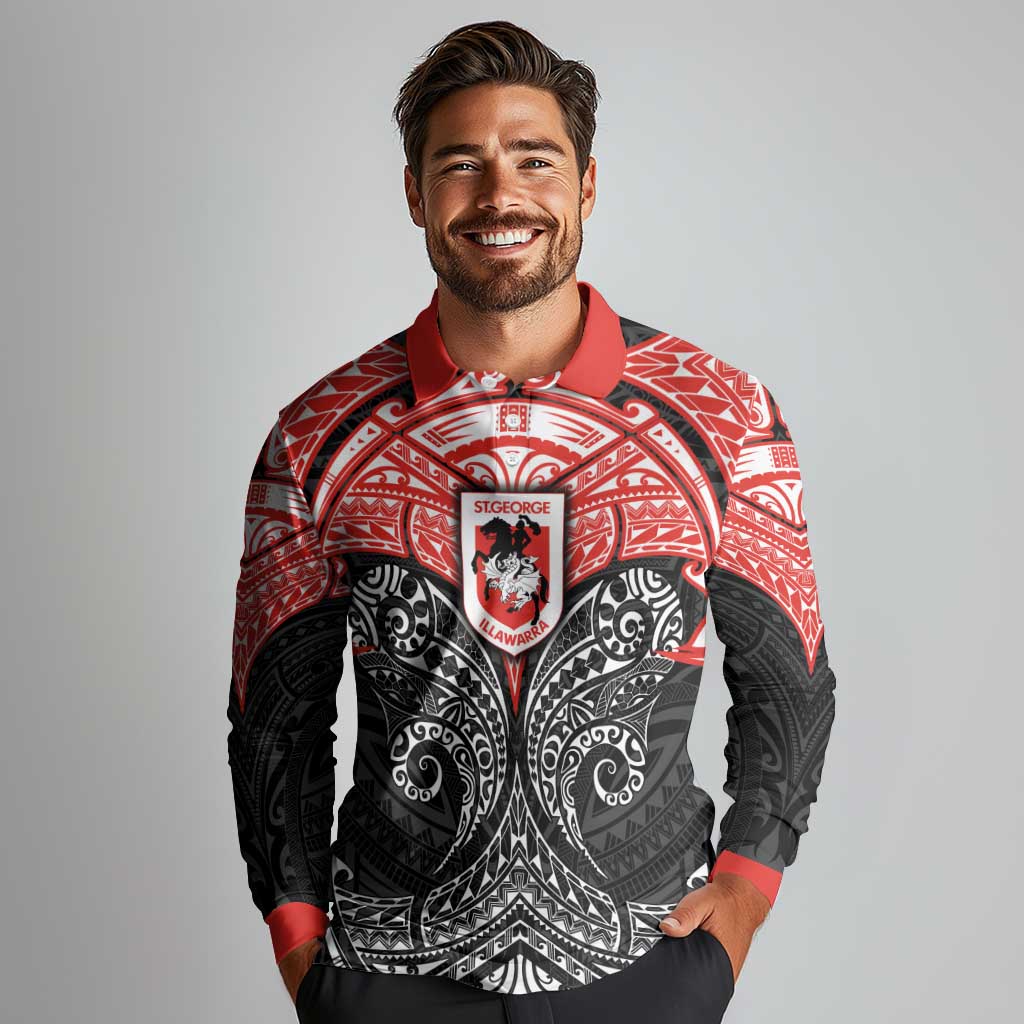 Personalized St. George Illawarra Dragons Long Sleeve Polo Shirt Polynesian Tribal Pattern Style