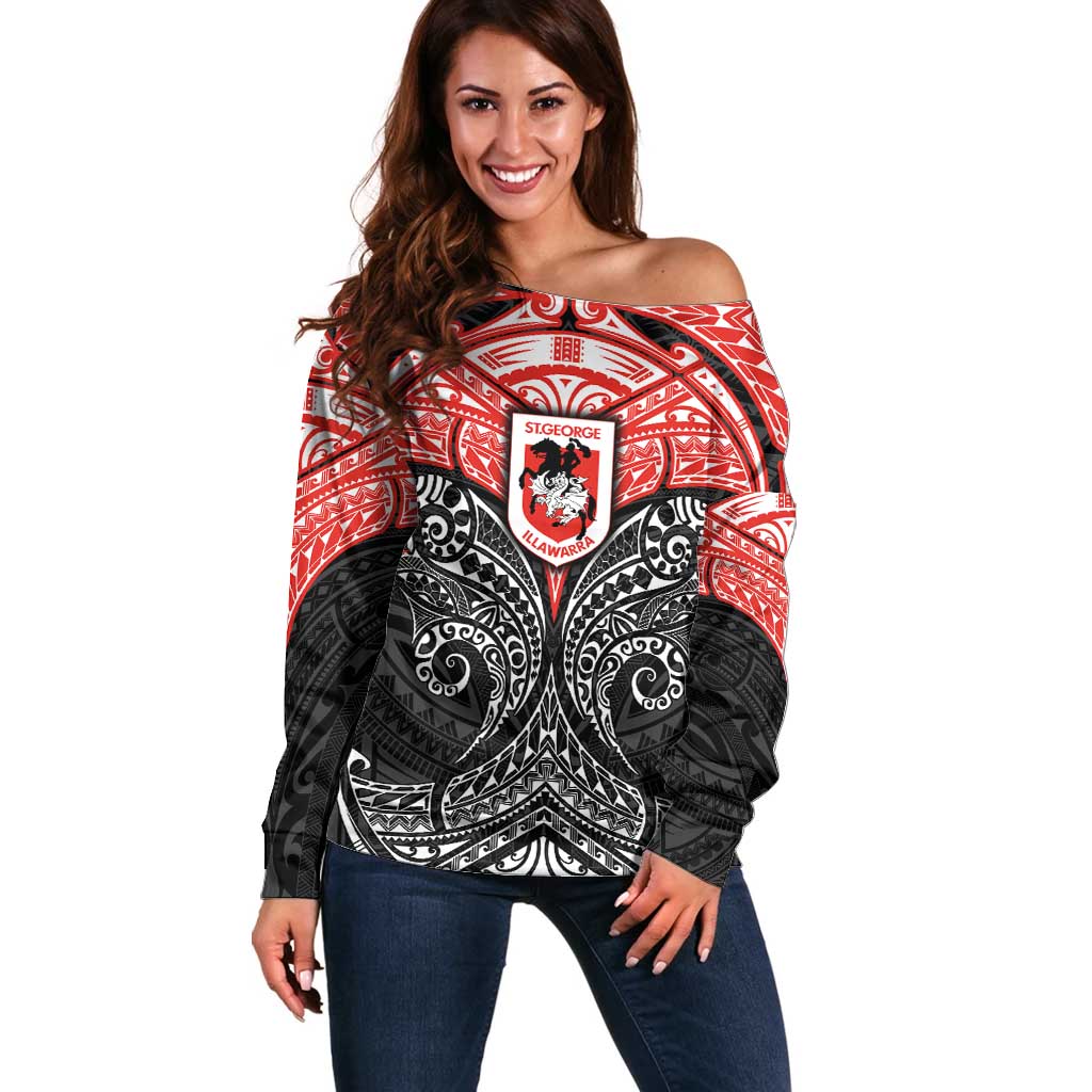 Personalized St. George Illawarra Dragons Off Shoulder Sweater Polynesian Tribal Pattern Style