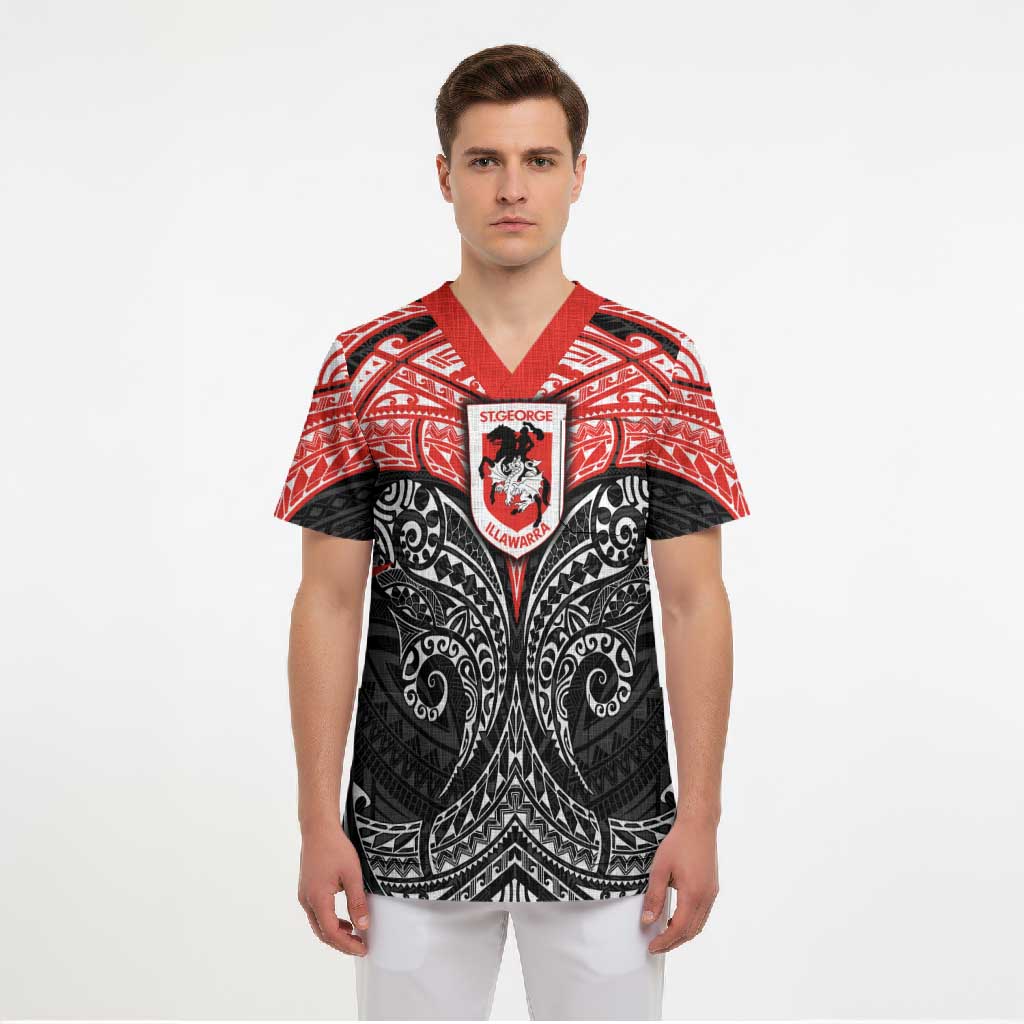 Personalized St. George Illawarra Dragons Scrub Top Polynesian Tribal Pattern Style