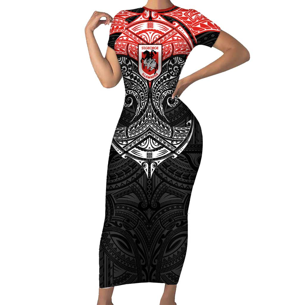 Personalized St. George Illawarra Dragons Short Sleeve Bodycon Dress Polynesian Tribal Pattern Style