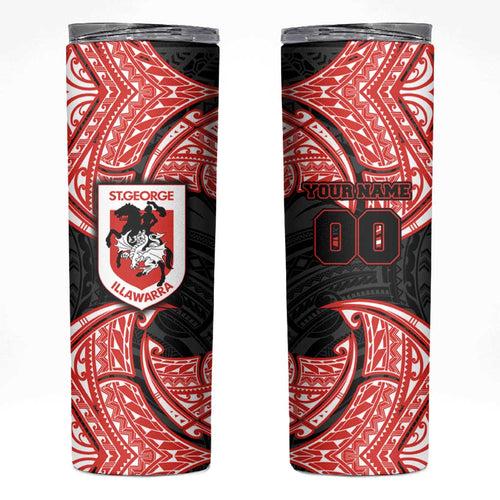 Personalized St. George Illawarra Dragons Skinny Tumbler Polynesian Tribal Pattern Style