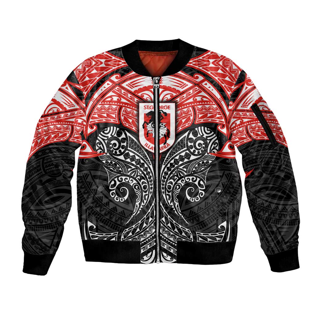Personalized St. George Illawarra Dragons Sleeve Zip Bomber Jacket Polynesian Tribal Pattern Style
