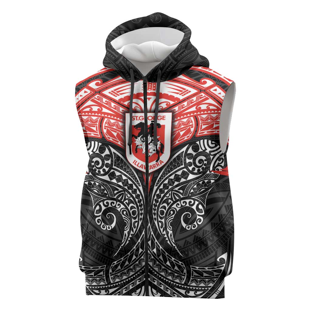 Personalized St. George Illawarra Dragons Sleeveless Zip Hoodie Polynesian Tribal Pattern Style