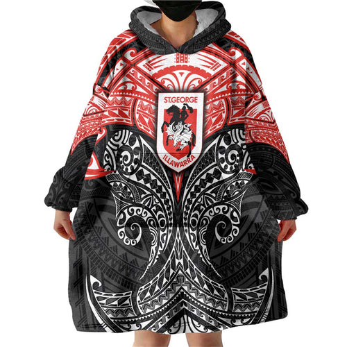 Personalized St. George Illawarra Dragons Wearable Blanket Hoodie Polynesian Tribal Pattern Style