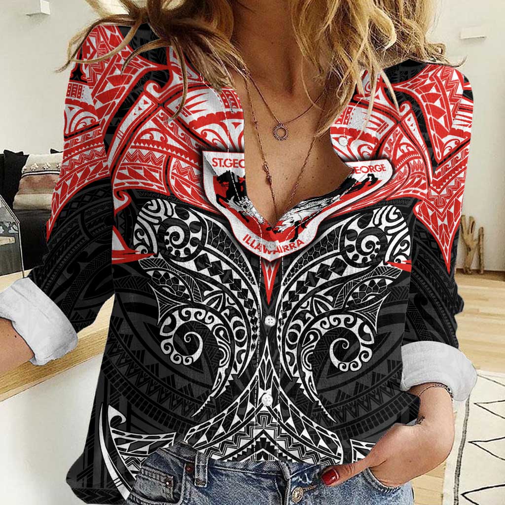 Personalized St. George Illawarra Dragons Women Casual Shirt Polynesian Tribal Pattern Style