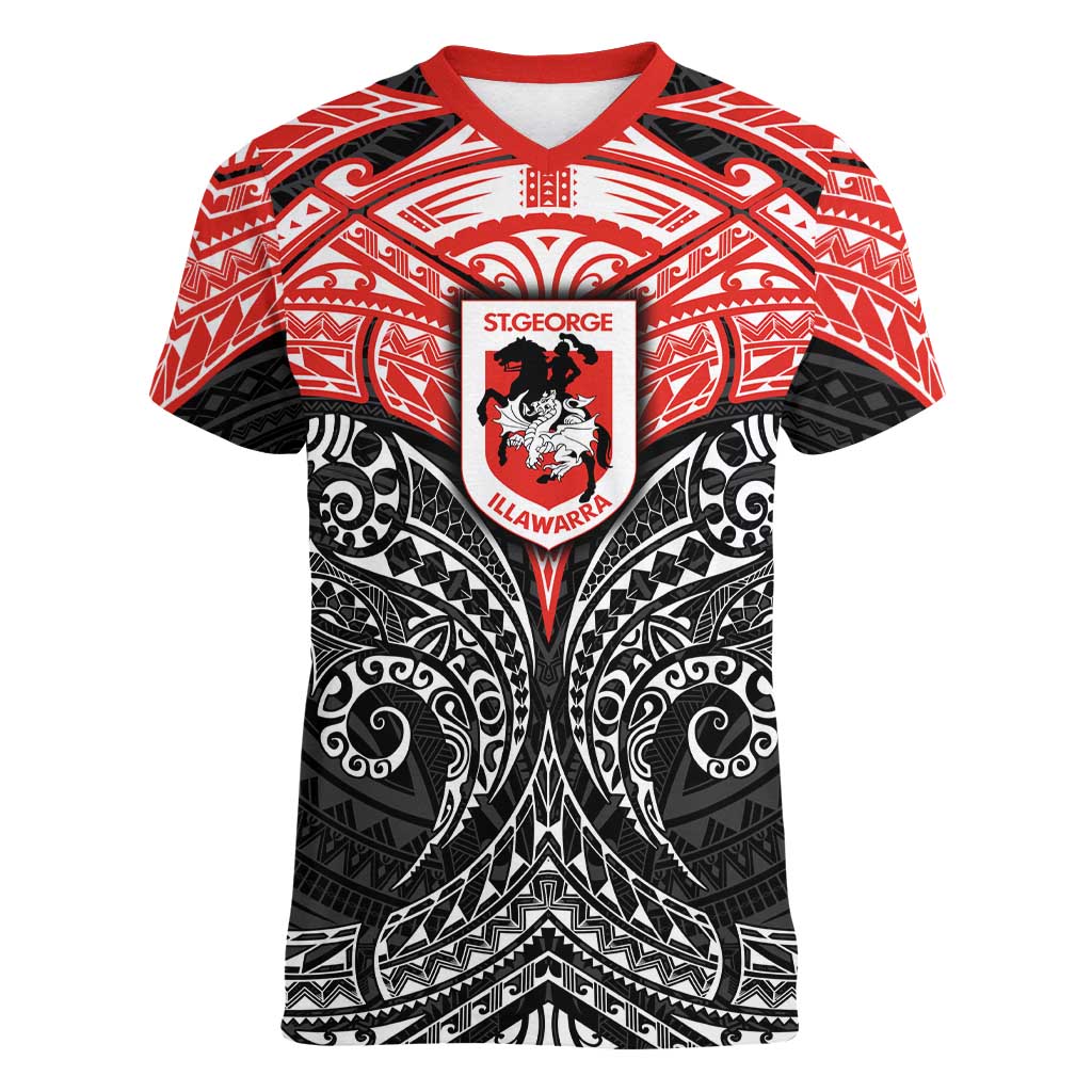 Personalized St. George Illawarra Dragons Women V-Neck T-Shirt Polynesian Tribal Pattern Style