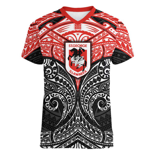 Personalized St. George Illawarra Dragons Women V-Neck T-Shirt Polynesian Tribal Pattern Style