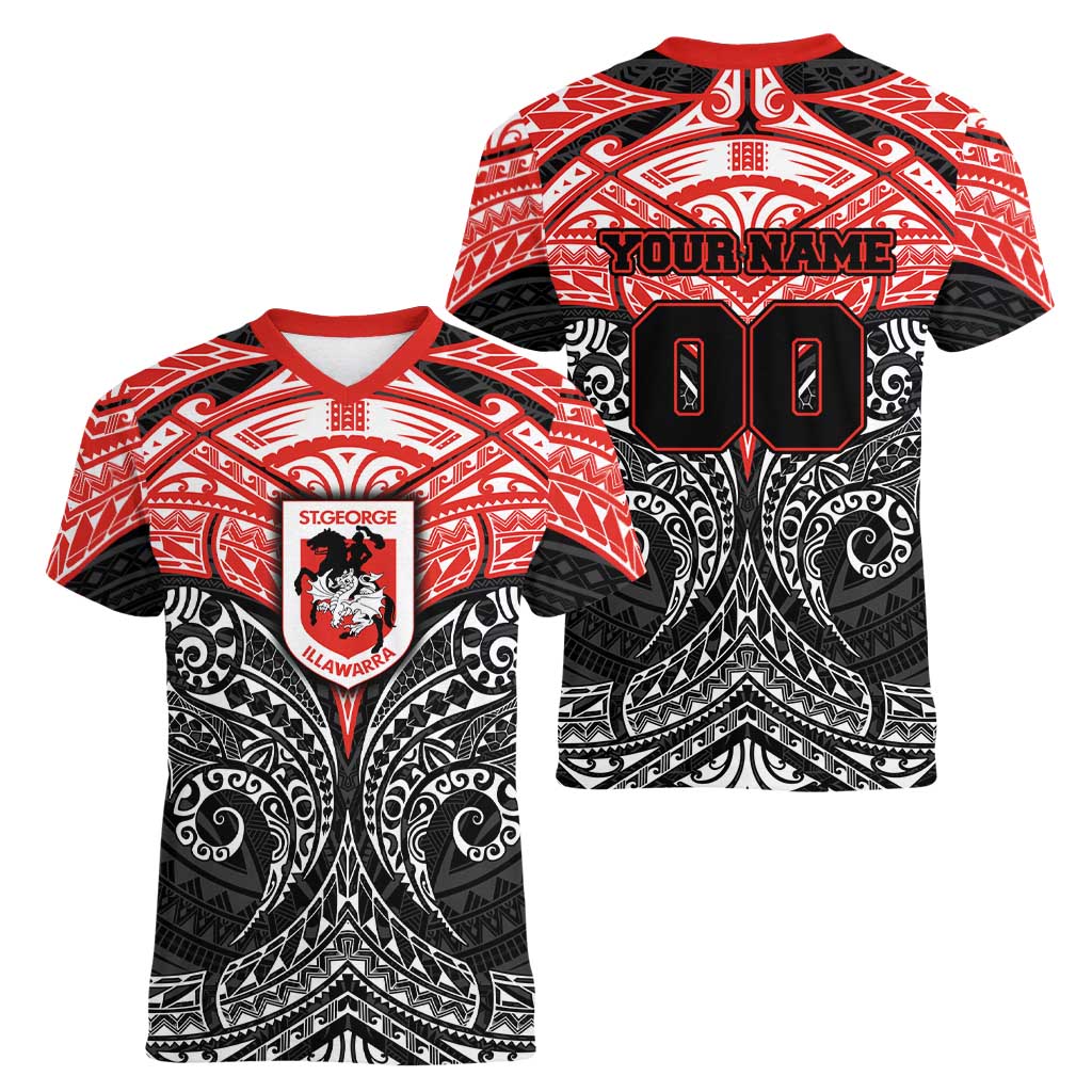 Personalized St. George Illawarra Dragons Women V-Neck T-Shirt Polynesian Tribal Pattern Style