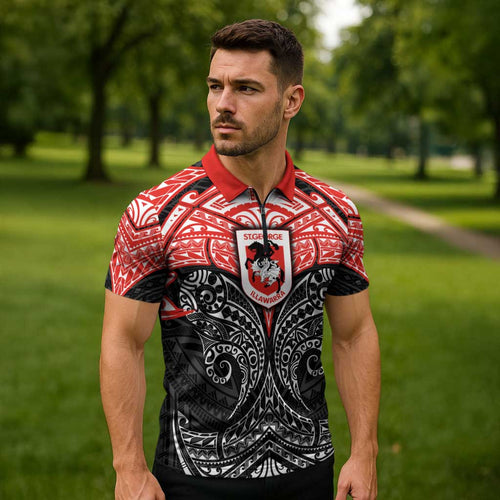 Personalized St. George Illawarra Dragons Zipper Polo Shirt Polynesian Tribal Pattern Style