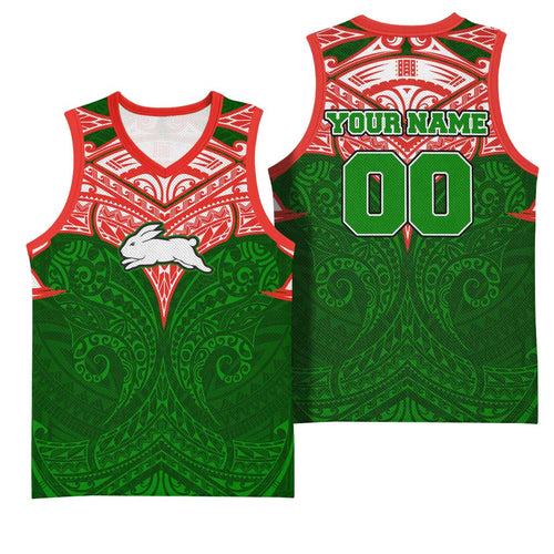 Personalized South Sydney Rabbitohs Basketball Jersey Polynesian Tribal Pattern Style