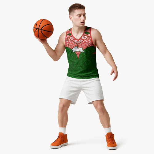 Personalized South Sydney Rabbitohs Basketball Jersey Polynesian Tribal Pattern Style