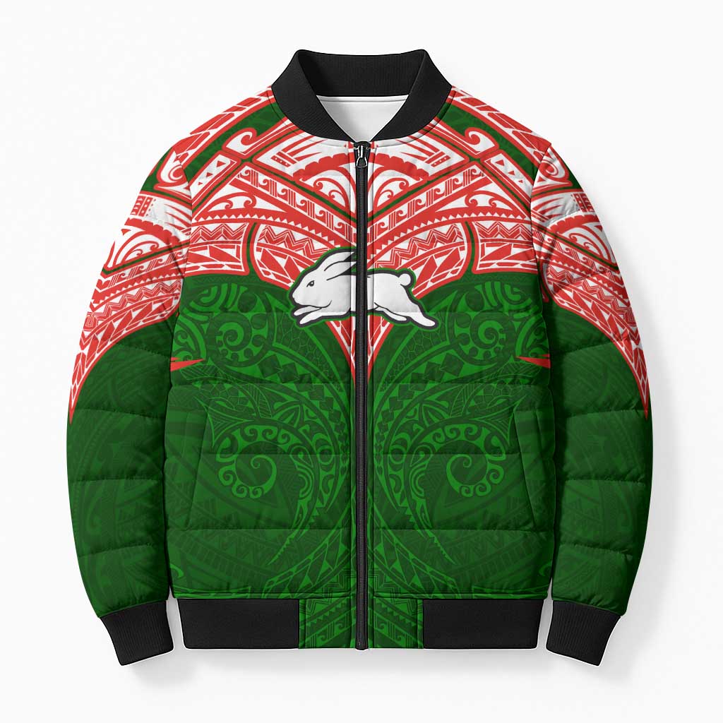 Personalized South Sydney Rabbitohs Bomber Puffer Jacket Polynesian Tribal Pattern Style