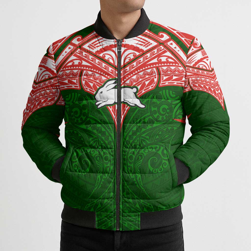 Personalized South Sydney Rabbitohs Bomber Puffer Jacket Polynesian Tribal Pattern Style