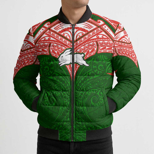 Personalized South Sydney Rabbitohs Bomber Puffer Jacket Polynesian Tribal Pattern Style