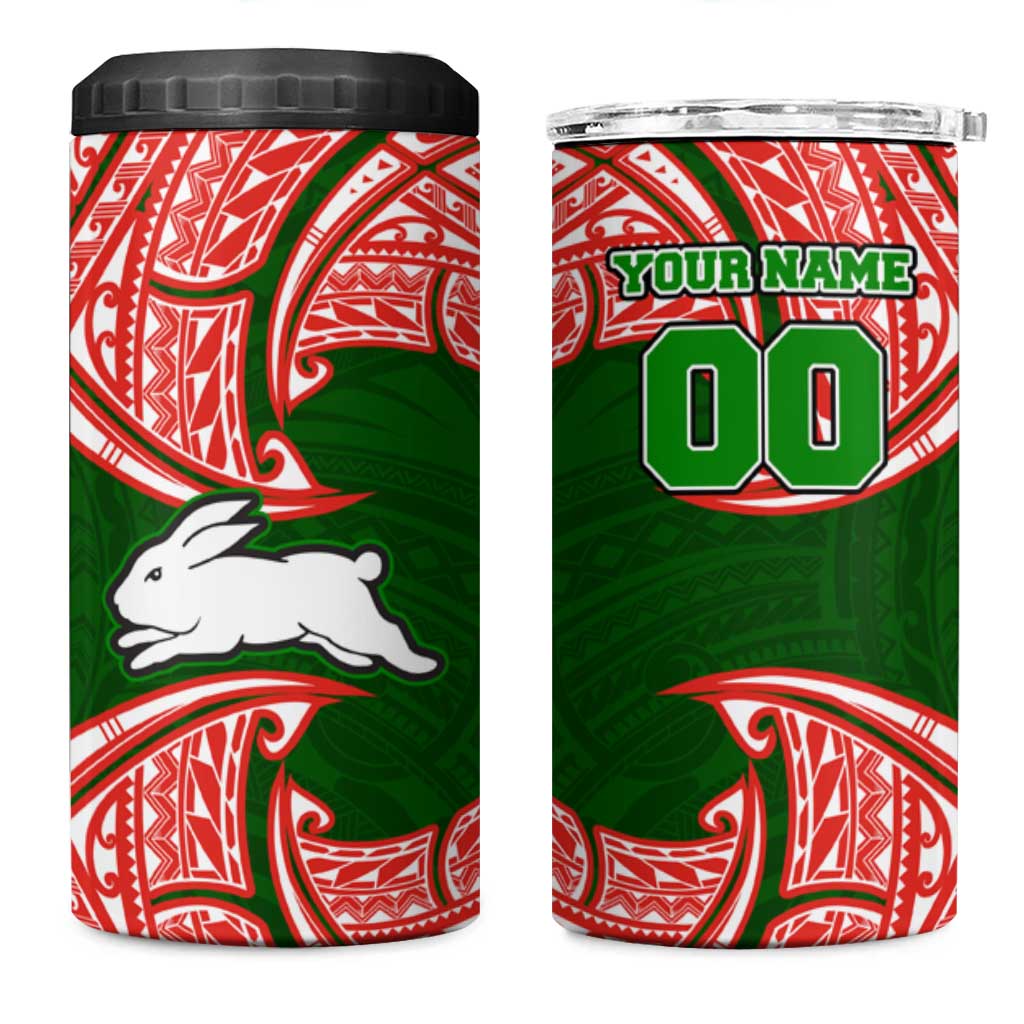 Personalized South Sydney Rabbitohs 4 in 1 Can Cooler Tumbler Polynesian Tribal Pattern Style