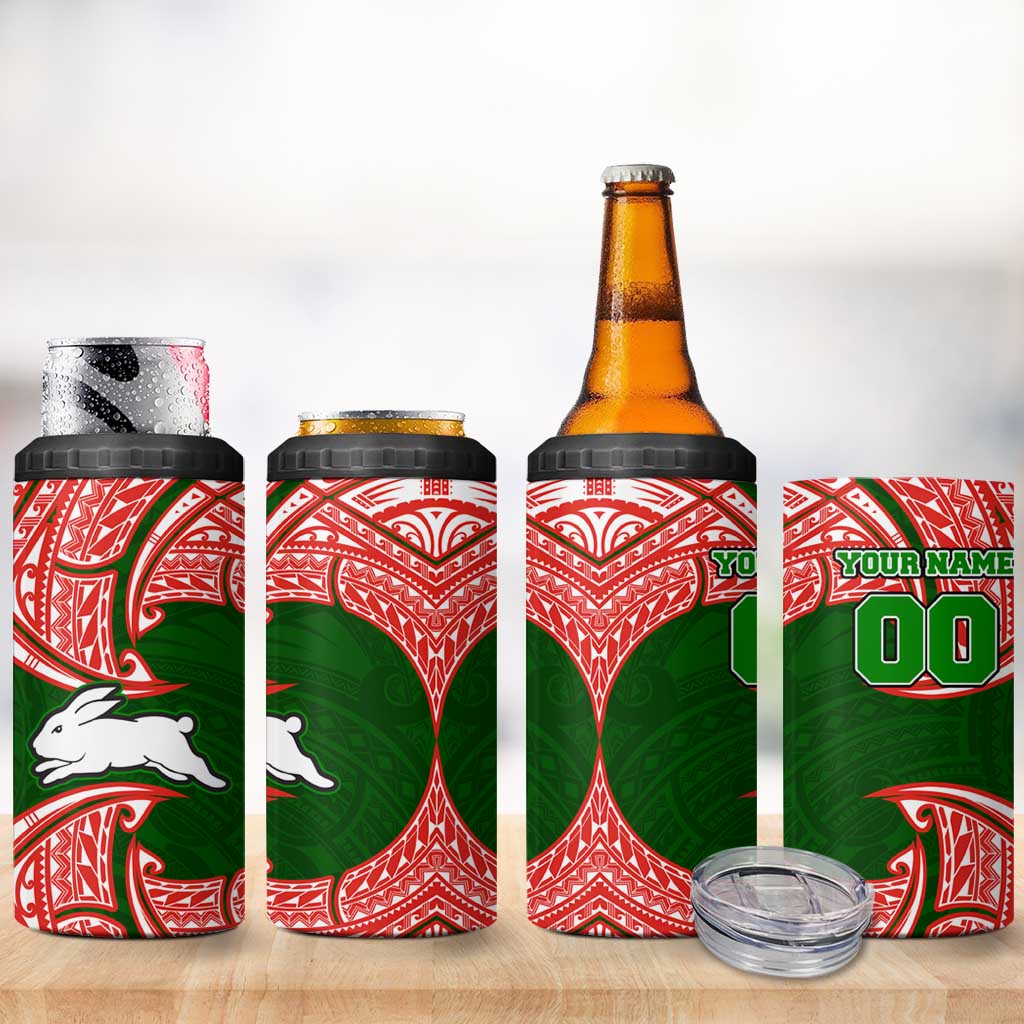 Personalized South Sydney Rabbitohs 4 in 1 Can Cooler Tumbler Polynesian Tribal Pattern Style
