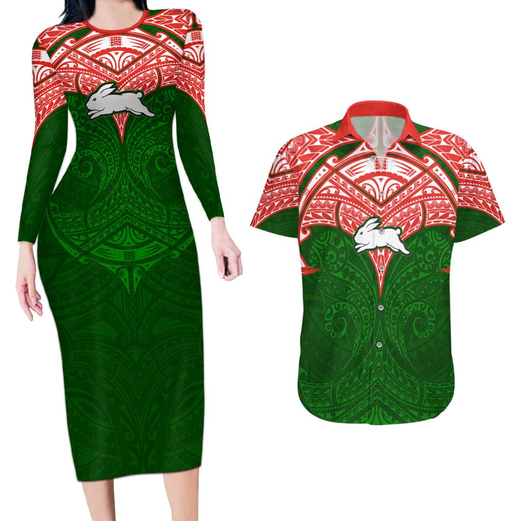 Personalized South Sydney Rabbitohs Couples Matching Long Sleeve Bodycon Dress and Hawaiian Shirt Polynesian Tribal Pattern Style