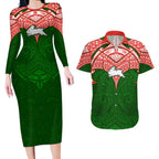 Personalized South Sydney Rabbitohs Couples Matching Long Sleeve Bodycon Dress and Hawaiian Shirt Polynesian Tribal Pattern Style