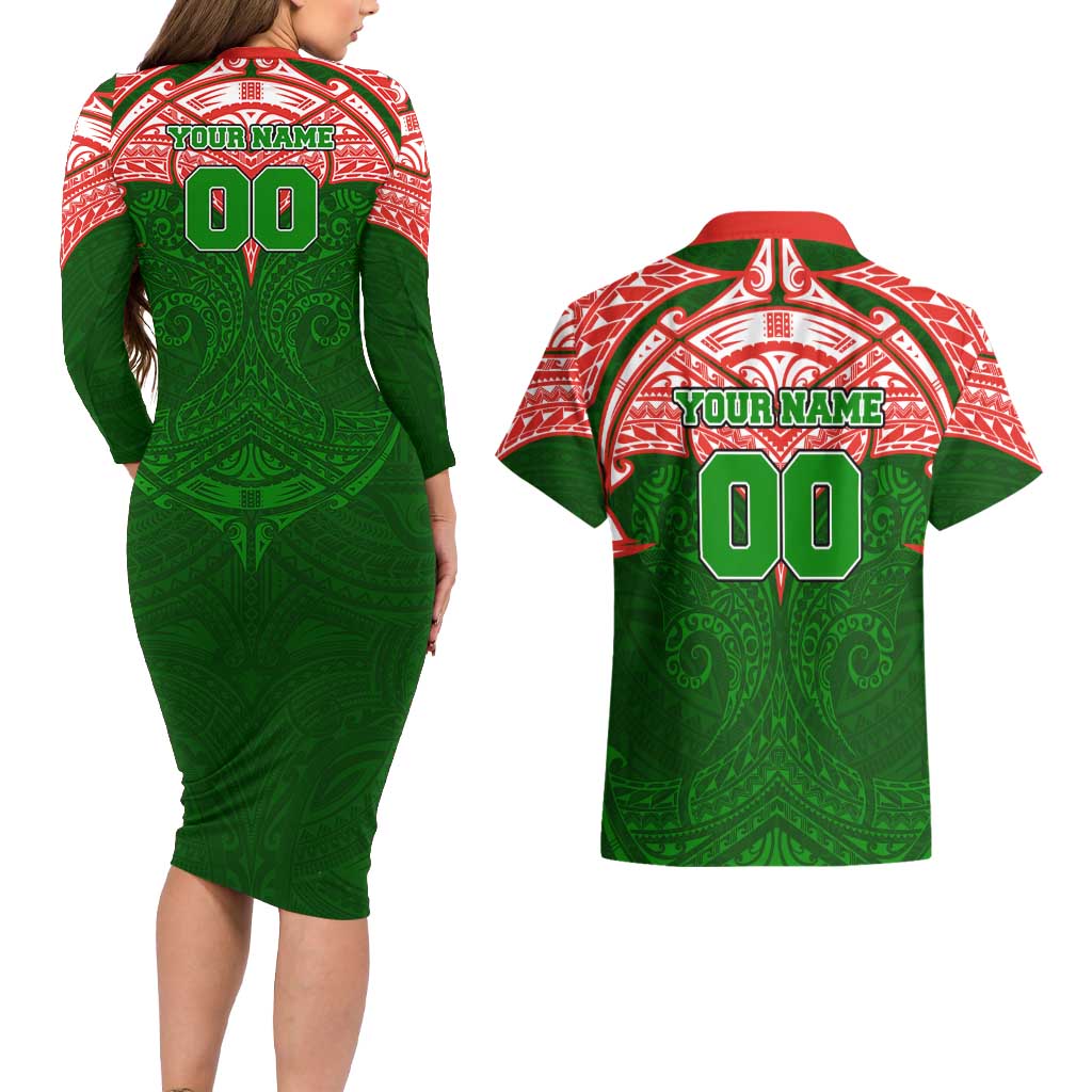 Personalized South Sydney Rabbitohs Couples Matching Long Sleeve Bodycon Dress and Hawaiian Shirt Polynesian Tribal Pattern Style