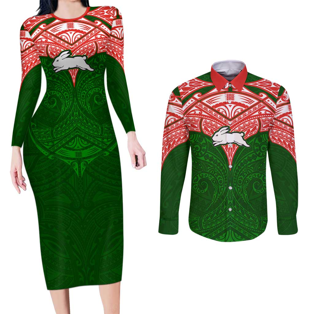 Personalized South Sydney Rabbitohs Couples Matching Long Sleeve Bodycon Dress and Long Sleeve Button Shirt Polynesian Tribal Pattern Style