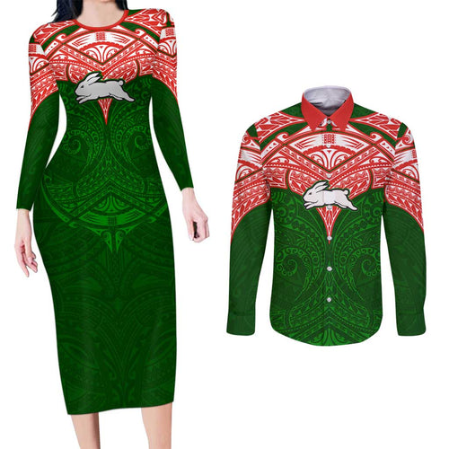 Personalized South Sydney Rabbitohs Couples Matching Long Sleeve Bodycon Dress and Long Sleeve Button Shirt Polynesian Tribal Pattern Style