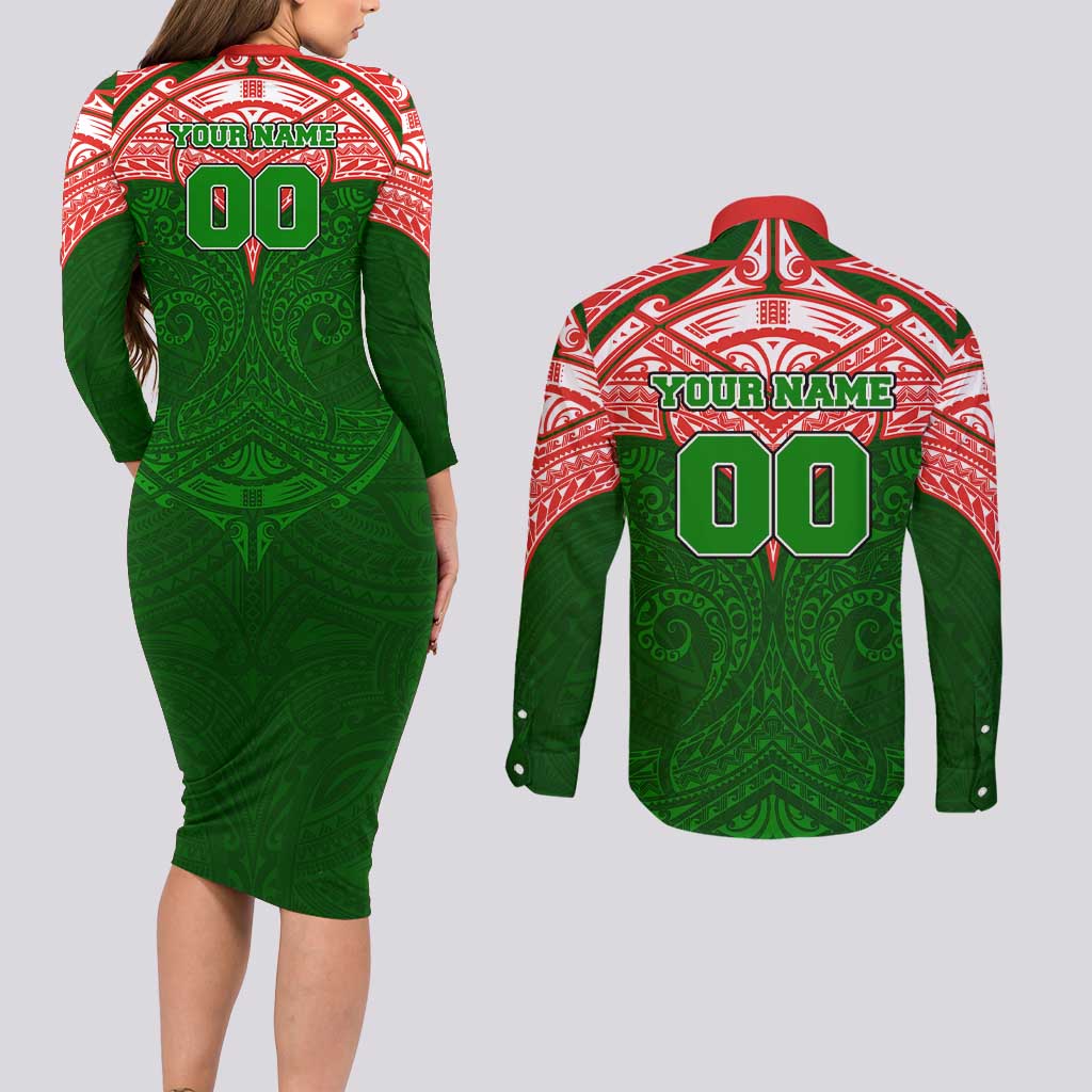 Personalized South Sydney Rabbitohs Couples Matching Long Sleeve Bodycon Dress and Long Sleeve Button Shirt Polynesian Tribal Pattern Style