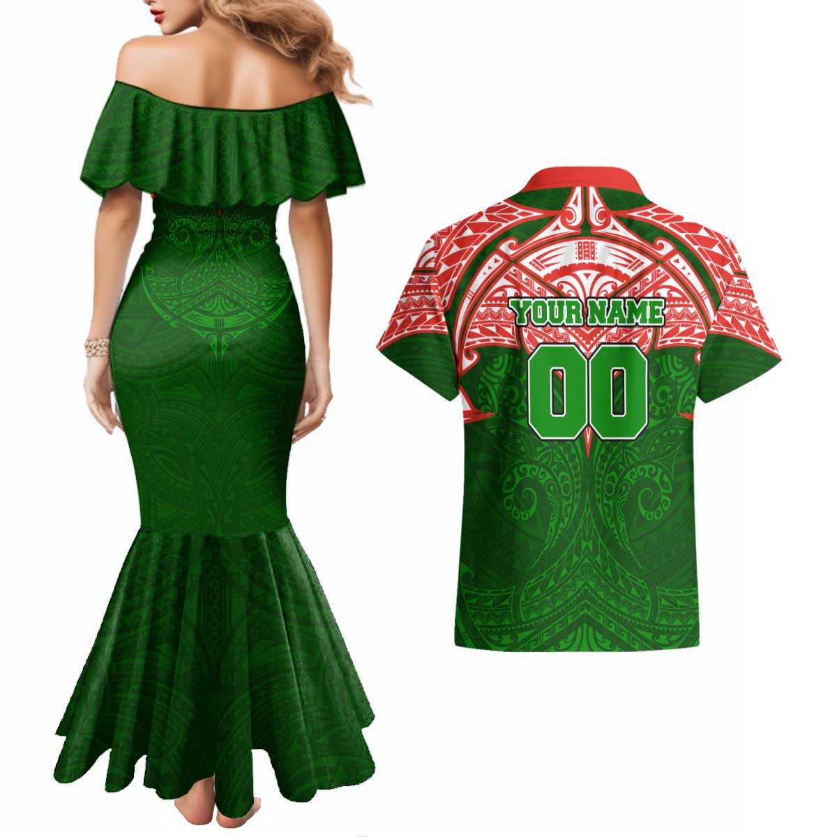 Personalized South Sydney Rabbitohs Couples Matching Mermaid Dress and Hawaiian Shirt Polynesian Tribal Pattern Style