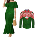 Personalized South Sydney Rabbitohs Couples Matching Mermaid Dress and Long Sleeve Button Shirt Polynesian Tribal Pattern Style