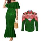 Personalized South Sydney Rabbitohs Couples Matching Mermaid Dress and Long Sleeve Button Shirt Polynesian Tribal Pattern Style