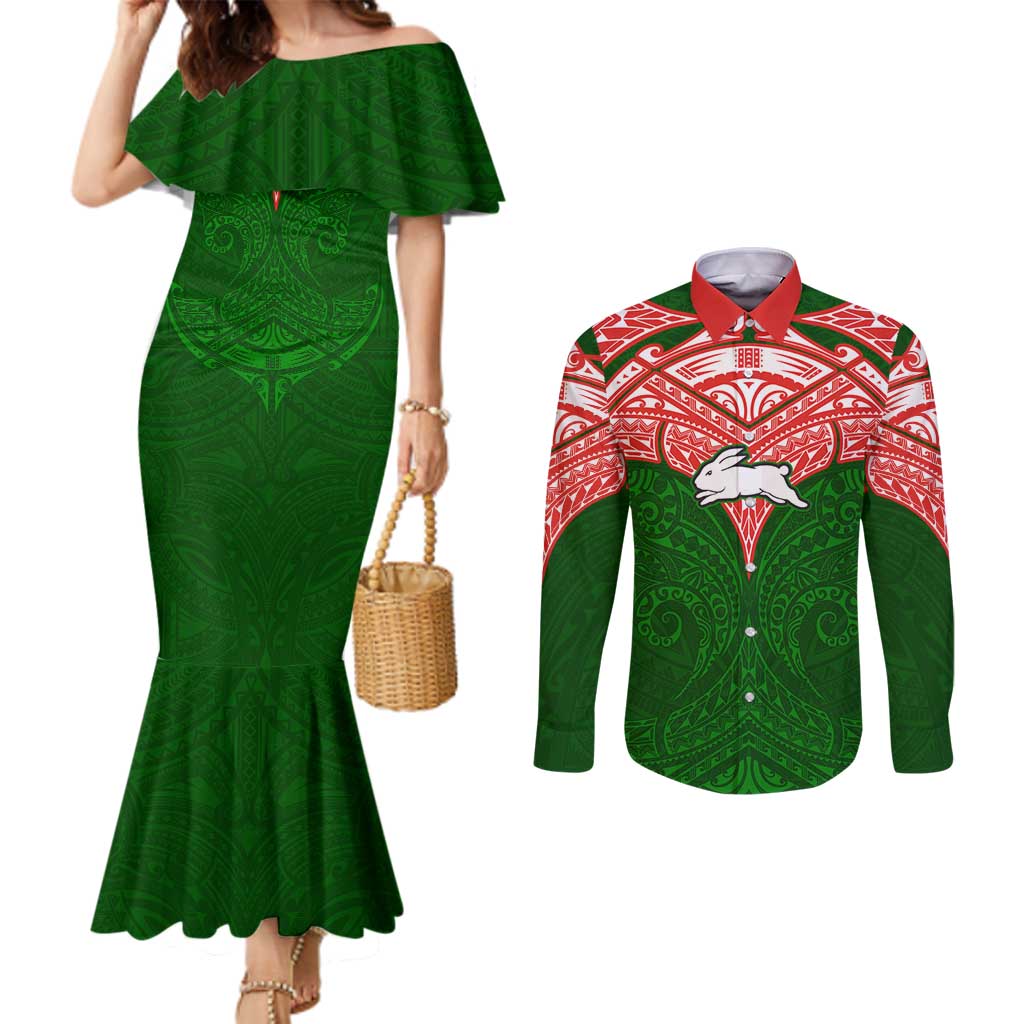 Personalized South Sydney Rabbitohs Couples Matching Mermaid Dress and Long Sleeve Button Shirt Polynesian Tribal Pattern Style
