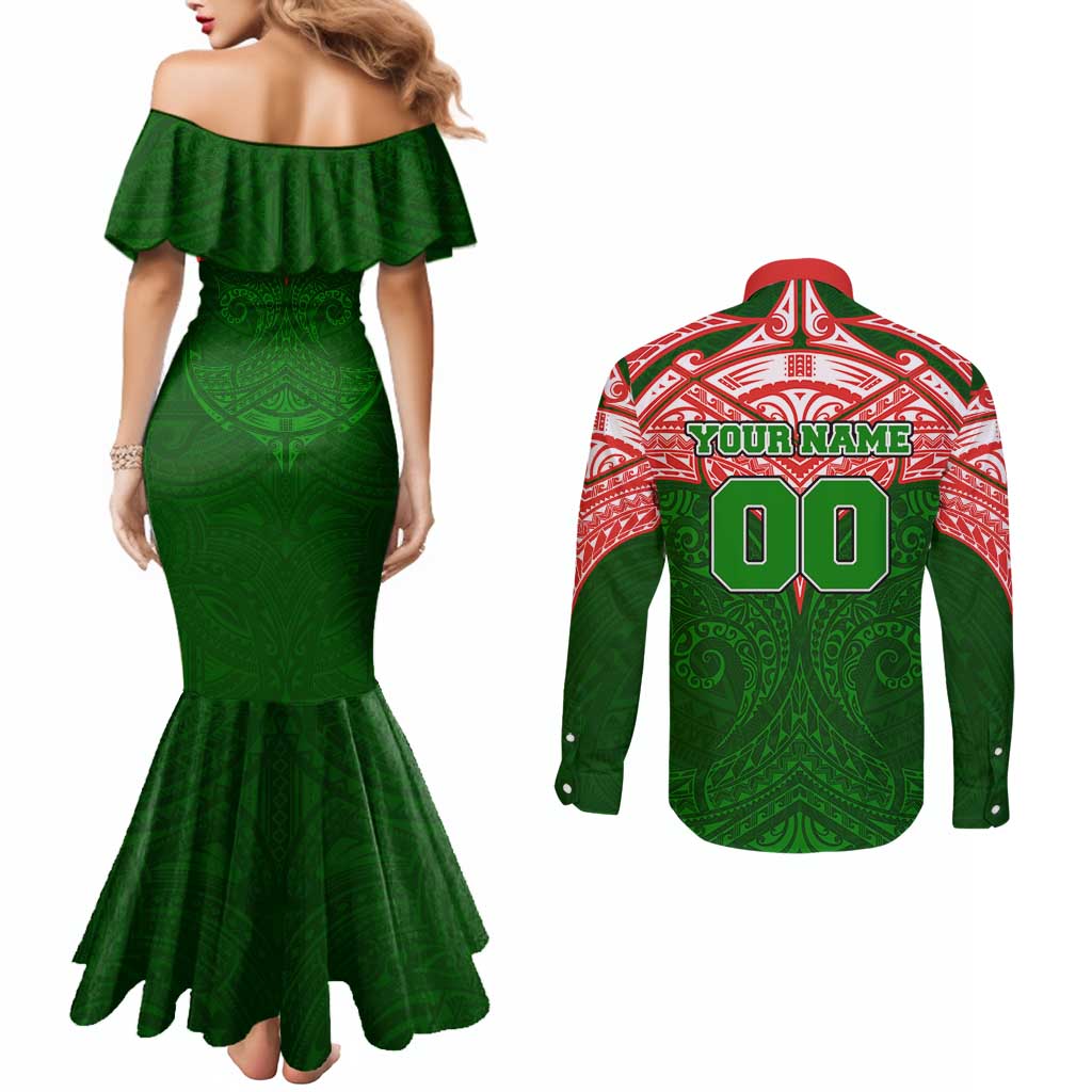 Personalized South Sydney Rabbitohs Couples Matching Mermaid Dress and Long Sleeve Button Shirt Polynesian Tribal Pattern Style