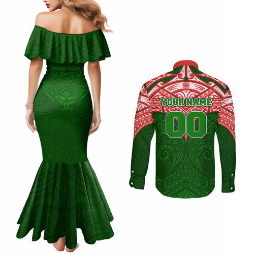 Personalized South Sydney Rabbitohs Couples Matching Mermaid Dress and Long Sleeve Button Shirt Polynesian Tribal Pattern Style
