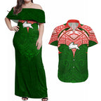 Personalized South Sydney Rabbitohs Couples Matching Off Shoulder Maxi Dress and Hawaiian Shirt Polynesian Tribal Pattern Style