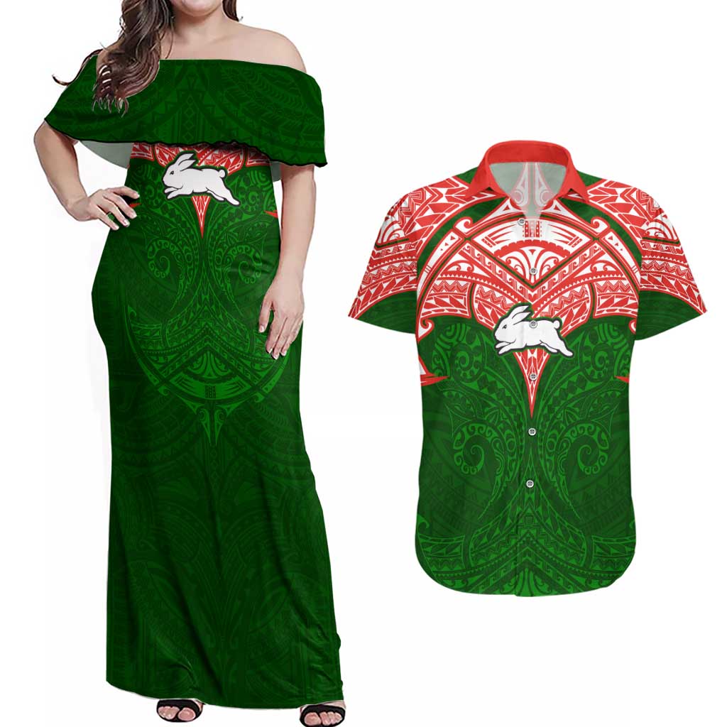 Personalized South Sydney Rabbitohs Couples Matching Off Shoulder Maxi Dress and Hawaiian Shirt Polynesian Tribal Pattern Style