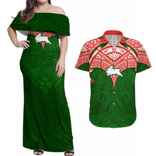 Personalized South Sydney Rabbitohs Couples Matching Off Shoulder Maxi Dress and Hawaiian Shirt Polynesian Tribal Pattern Style