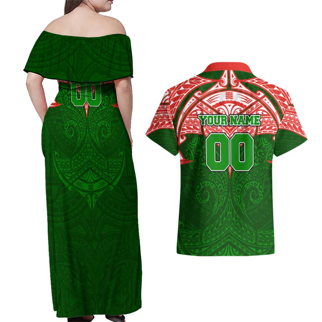 Personalized South Sydney Rabbitohs Couples Matching Off Shoulder Maxi Dress and Hawaiian Shirt Polynesian Tribal Pattern Style