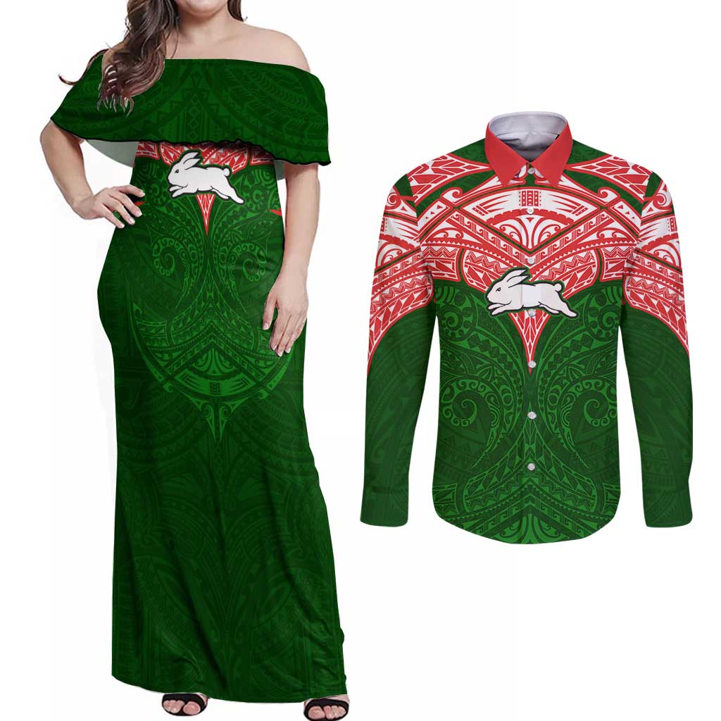 Personalized South Sydney Rabbitohs Couples Matching Off Shoulder Maxi Dress and Long Sleeve Button Shirt Polynesian Tribal Pattern Style