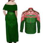 Personalized South Sydney Rabbitohs Couples Matching Off Shoulder Maxi Dress and Long Sleeve Button Shirt Polynesian Tribal Pattern Style