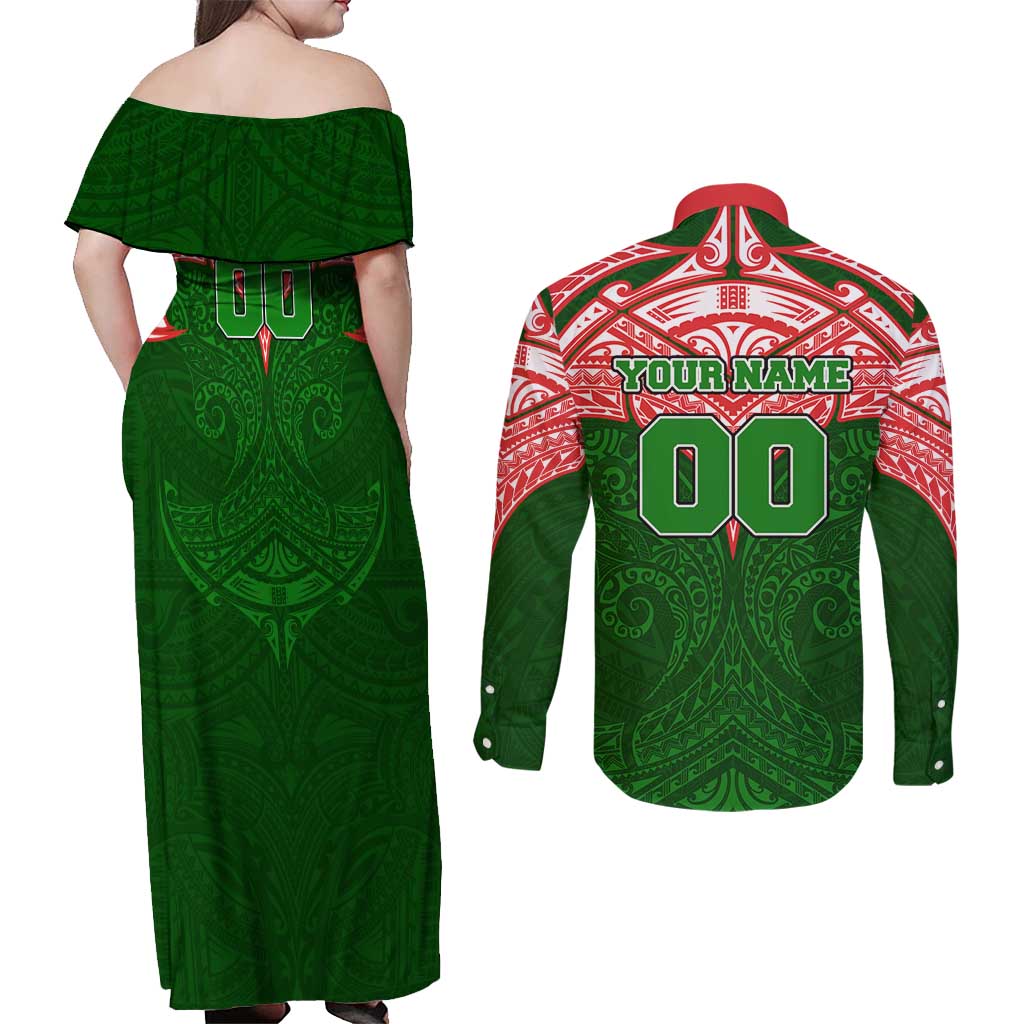 Personalized South Sydney Rabbitohs Couples Matching Off Shoulder Maxi Dress and Long Sleeve Button Shirt Polynesian Tribal Pattern Style