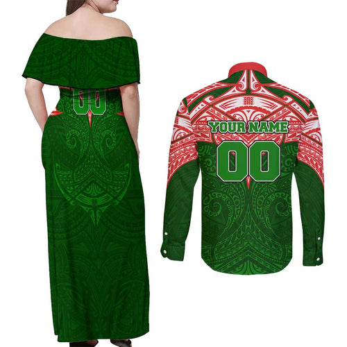 Personalized South Sydney Rabbitohs Couples Matching Off Shoulder Maxi Dress and Long Sleeve Button Shirt Polynesian Tribal Pattern Style