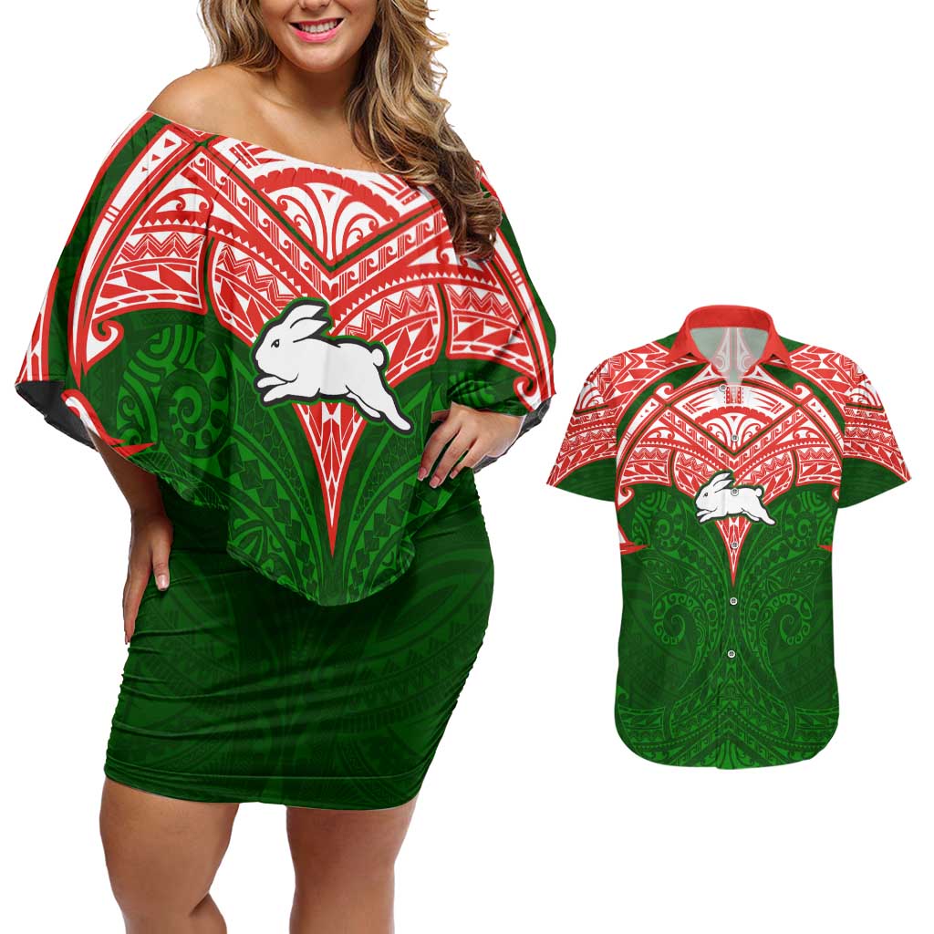 Personalized South Sydney Rabbitohs Couples Matching Off Shoulder Short Dress and Hawaiian Shirt Polynesian Tribal Pattern Style