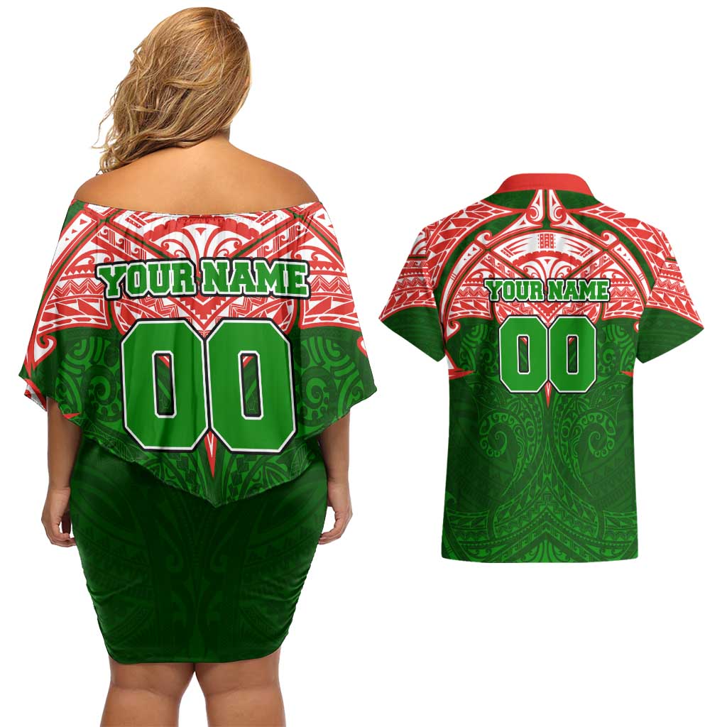 Personalized South Sydney Rabbitohs Couples Matching Off Shoulder Short Dress and Hawaiian Shirt Polynesian Tribal Pattern Style