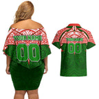 Personalized South Sydney Rabbitohs Couples Matching Off Shoulder Short Dress and Hawaiian Shirt Polynesian Tribal Pattern Style