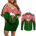 Personalized South Sydney Rabbitohs Couples Matching Off Shoulder Short Dress and Long Sleeve Button Shirt Polynesian Tribal Pattern Style