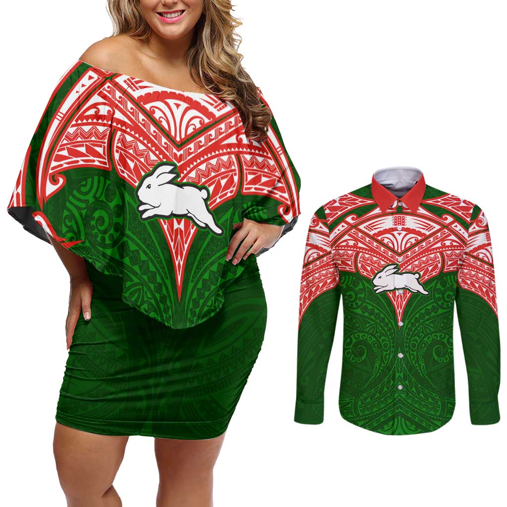 Personalized South Sydney Rabbitohs Couples Matching Off Shoulder Short Dress and Long Sleeve Button Shirt Polynesian Tribal Pattern Style