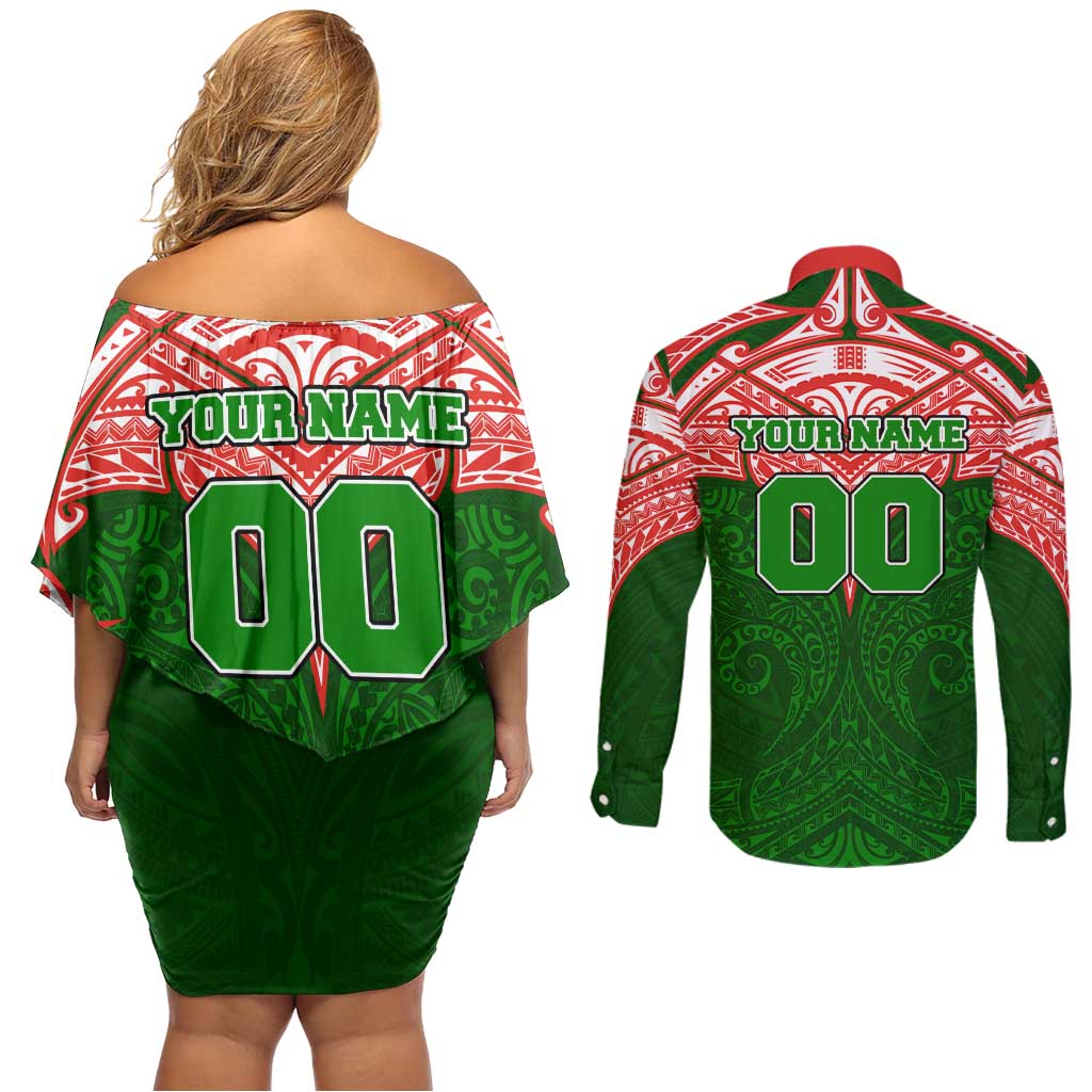 Personalized South Sydney Rabbitohs Couples Matching Off Shoulder Short Dress and Long Sleeve Button Shirt Polynesian Tribal Pattern Style