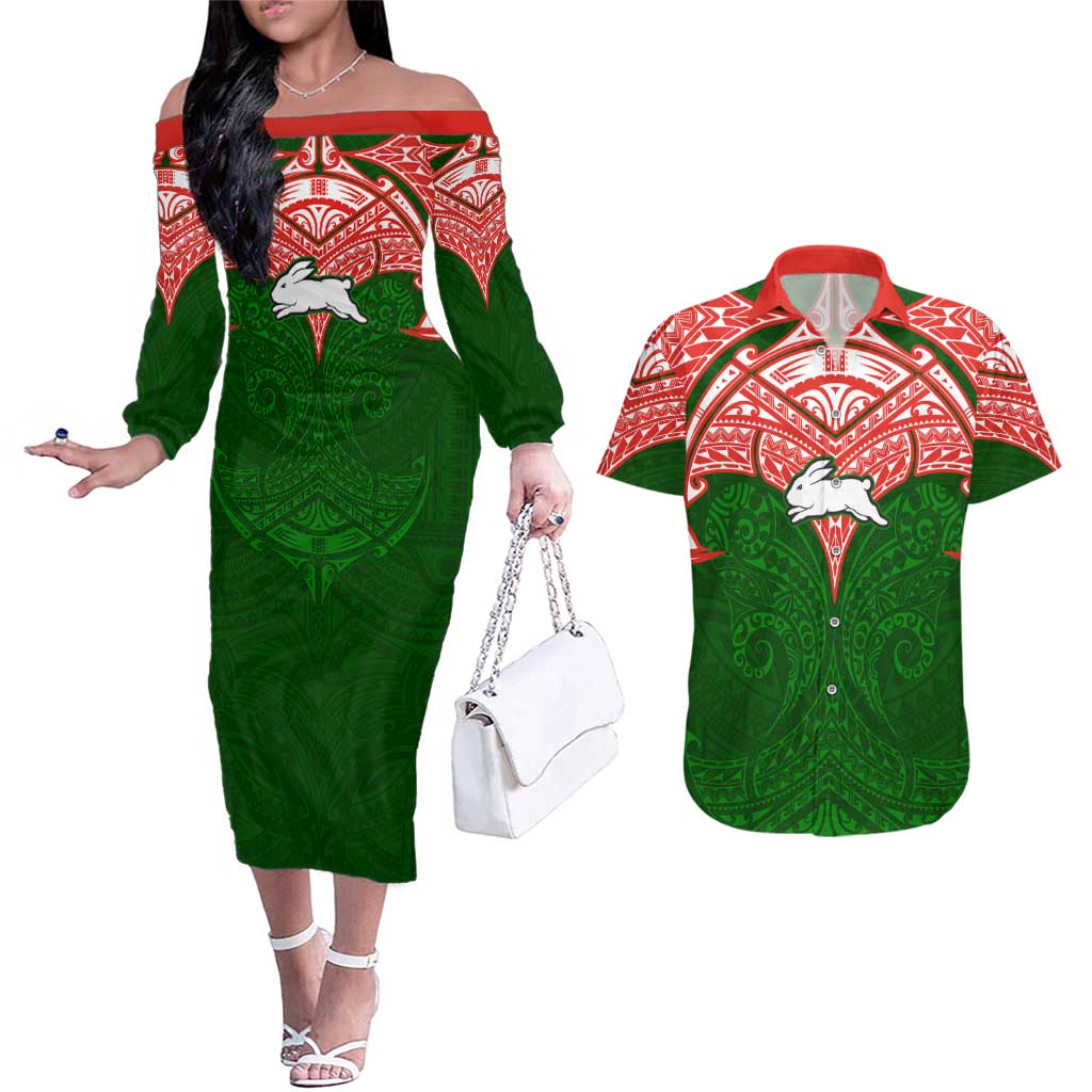 Personalized South Sydney Rabbitohs Couples Matching Off The Shoulder Long Sleeve Dress and Hawaiian Shirt Polynesian Tribal Pattern Style